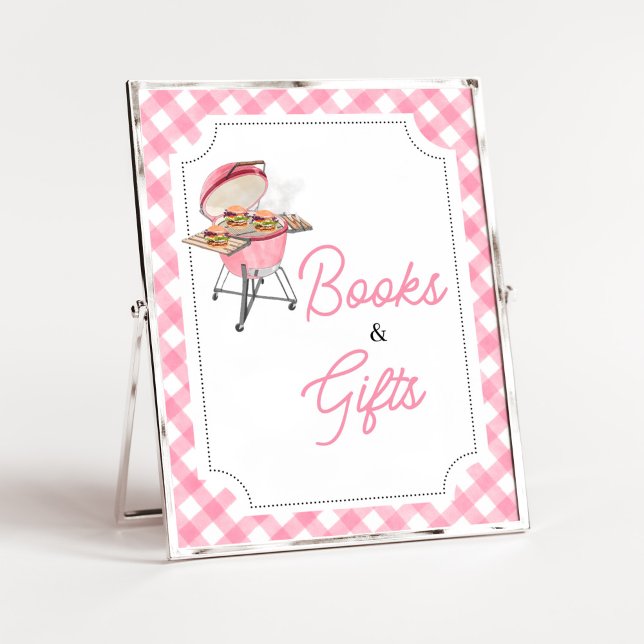 Affiche Burger rose BBQ Baby showers Livres et Cadeaux (Girl Backyard BBQ Baby Shower Books and Gifts Sign)