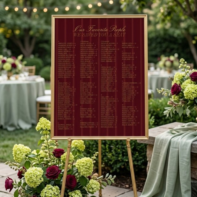 Affiche Burgundy Alphabetical Wedding Seating Chart (Burgundy Alphabetical Wedding Seating Chart)