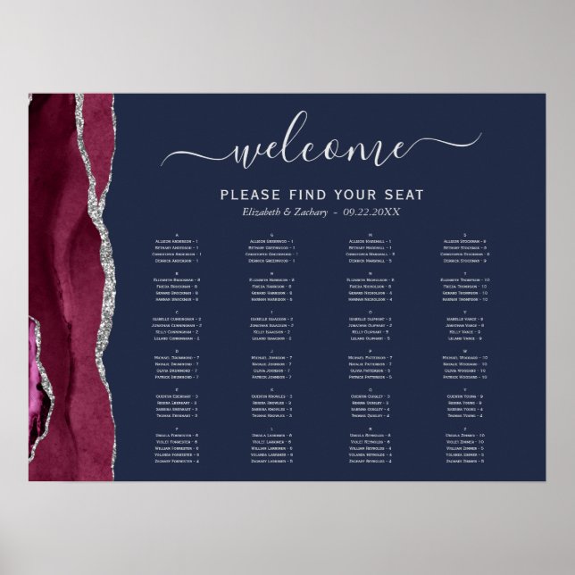 Affiche Burgundy Argent Agate Marine Blue Mariage Siège (Devant)