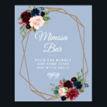 Affiche burgundy bleu foncé douche mimosa panneau<br><div class="desc">Un design floral avec de belles fleurs d'aquarelle rose et bleu marine sur un arrière - plan bleu poussiéreux. Le texte et les couleurs de cette affiche peuvent être modifiés.</div>