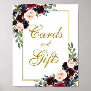 Affiche Burgundy Blue Floral Gold Cartes de mariage Cadeau