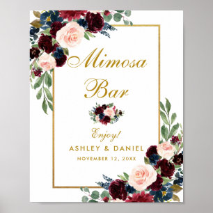 Affiche Burgundy Blue Floral Gold Mariage Mimosa Bar