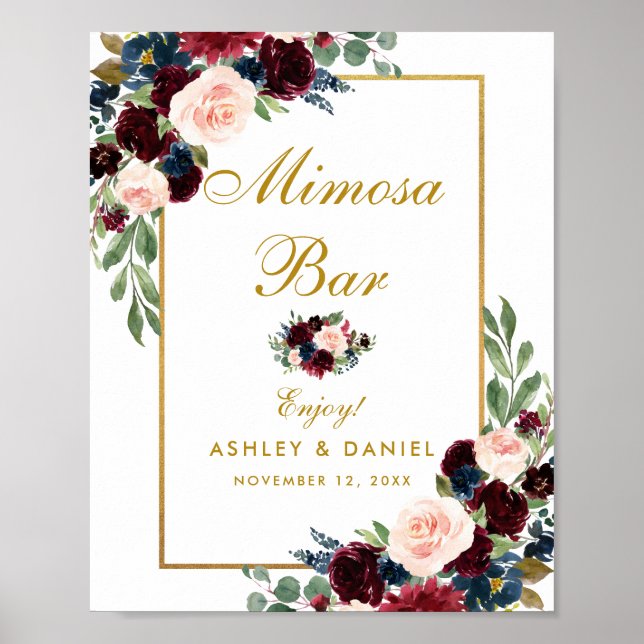 Affiche Burgundy Blue Floral Gold Mariage Mimosa Bar (Devant)