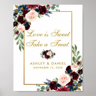 Affiche Burgundy Blue Floral Gold Mariage Treat