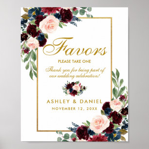 Affiche Burgundy Blue Floral Gold Wedding Faveurs