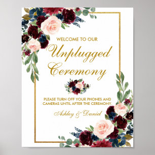Affiche Burgundy Blue Gold Floral Mariage débranché