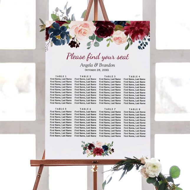 Affiche Burgundy Blush Blue Floral Mariage Chart (Créateur téléchargé)
