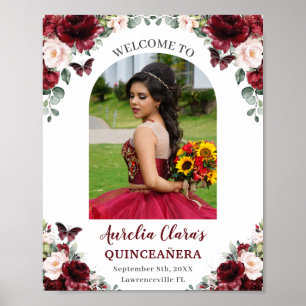 Affiche Burgundy Blush Floral Quinceañera Photo Bienvenue