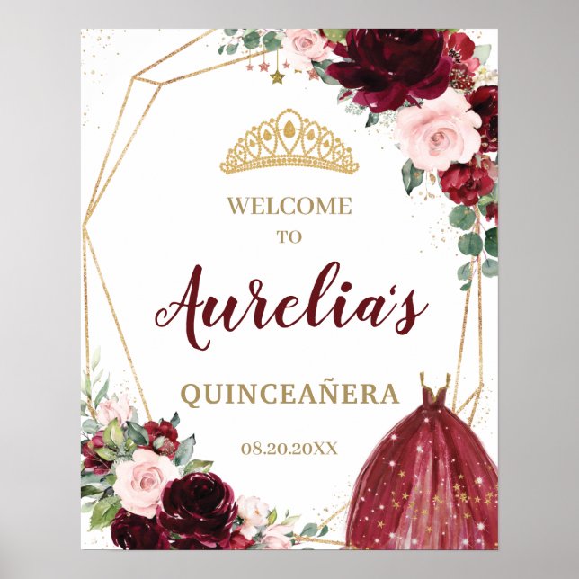 Affiche Burgundy Blush Floral Quinceañera Tiara Bienvenue (Devant)