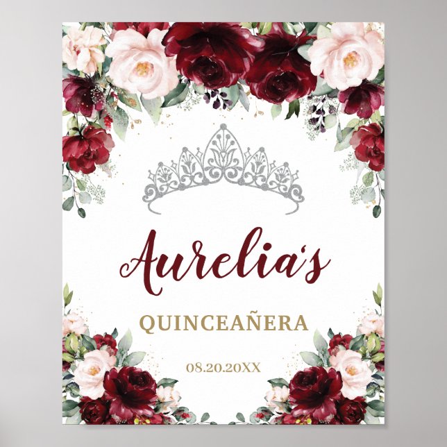 Affiche Burgundy Blush Floral Quinceañera Tiara Bienvenue (Devant)