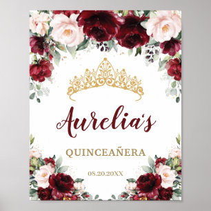 Affiche Burgundy Blush Floral Quinceañera Tiara Bienvenue