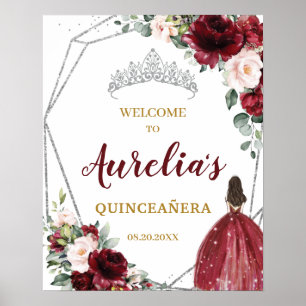 Affiche Burgundy Blush Floral Silver Quinceañera Bienvenue