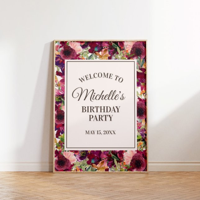 Affiche Burgundy Blush Rose Anniversaire Bienvenue (Burgundy and pink floral birthday party welcome poster. Personalized with your own text.)