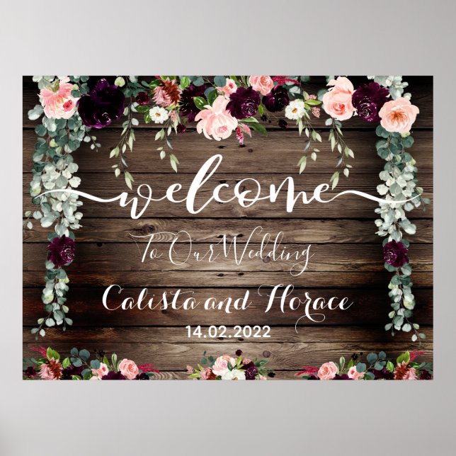 Affiche Burgundy Blush Rose Barque Mariage Bienvenue (Devant)