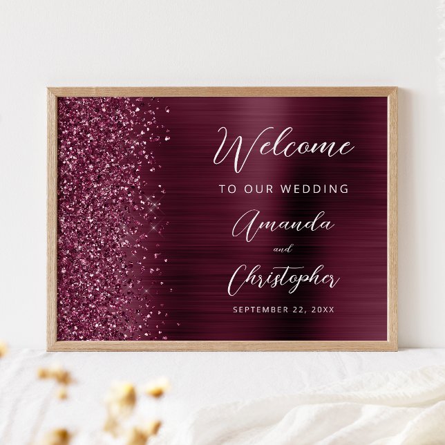 Affiche Burgundy Brushed Metal Script Mariage Bienvenue (Créateur téléchargé)