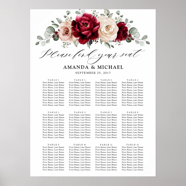 Affiche Burgundy Champagne Ivory Mauve Rose Seating chart (Devant)