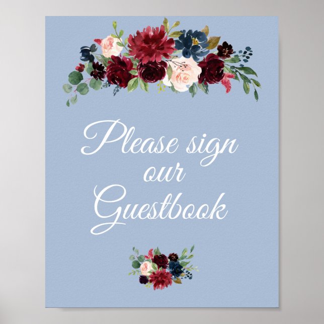 Affiche burgundy dusty blue guestbook wedding sign (Devant)