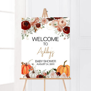 Affiche Burgundy Fall Floral Citrouille Bienvenue