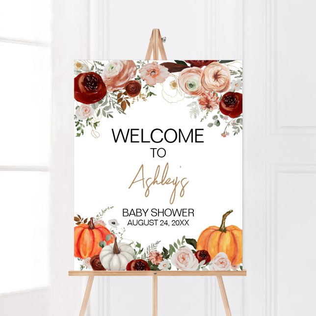 Affiche Burgundy Fall Floral Citrouille Bienvenue (Fall Floral Pumpkin Baby Shower Welcome Sign)