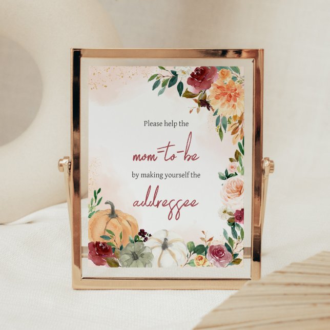 Affiche Burgundy Fall Floral Citrouille Enveloppe Station (Fall Floral Pumpkin Baby Shower Envelope Station Sign)