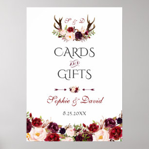 Affiche Burgundy Floral Antlers Mariage Cartes et Cadeaux