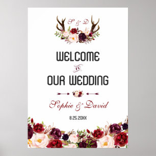 Affiche Burgundy Floral Antlers Signal Mariage de bienvenu