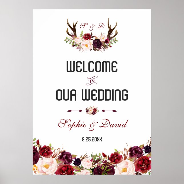Affiche Burgundy Floral Antlers Signal Mariage de bienvenu (Devant)