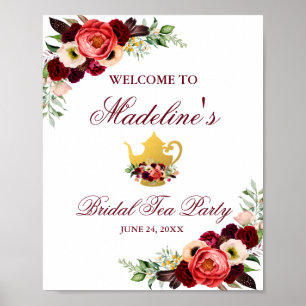 Affiche Burgundy Floral Boho Bridal Tea Party Bienvenue