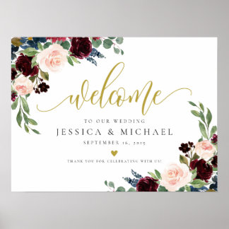 Affiche Burgundy Floral calligraphy Wedding Welcome Sign