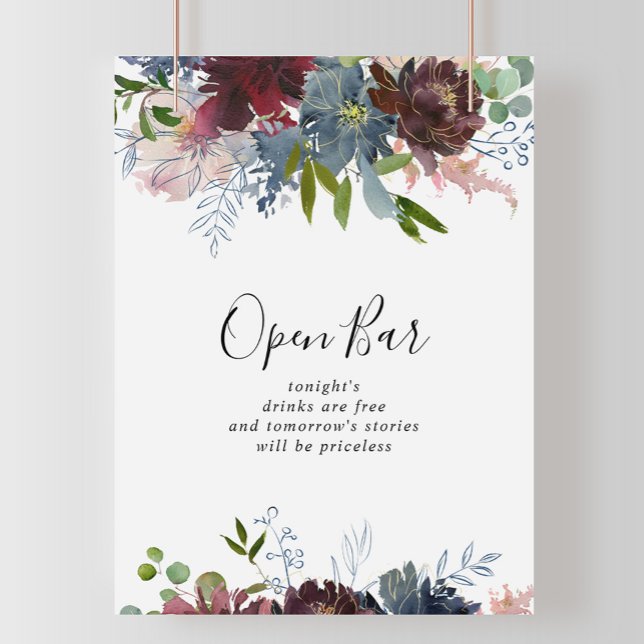 Affiche Burgundy Floral et Verdure Mariage Open Bar Sign (Créateur téléchargé)