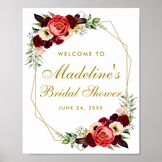Affiche Burgundy Floral Gold Boho Bridal Shower Welcome (Devant)