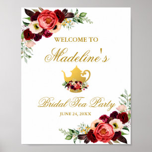 Affiche Burgundy Floral Gold Boho Bridal Tea Party Bienven