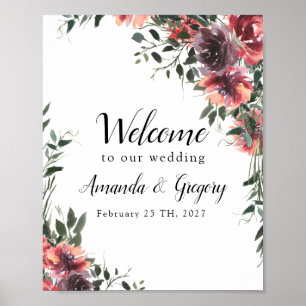 Affiche Burgundy Floral Leafy Wedding Welcome Sign