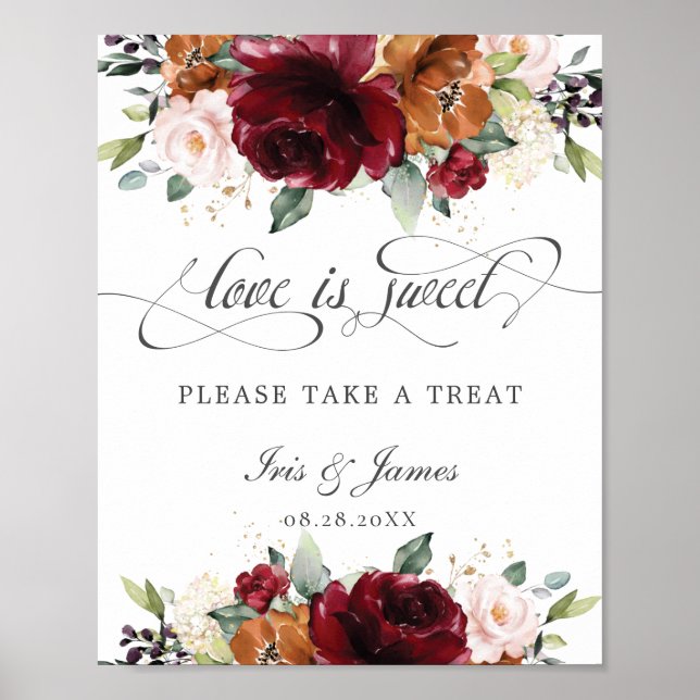 Affiche Burgundy Floral Love is Sweet Take a Treat Sign (Devant)