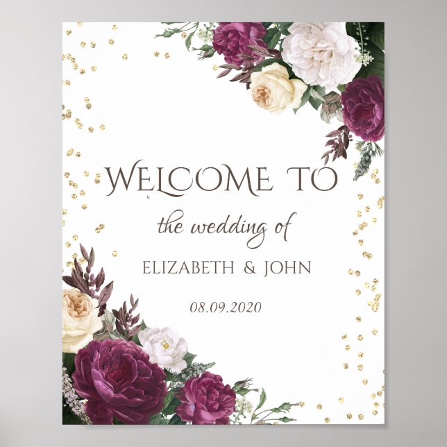 Affiche Burgundy Floral Save The Date Diamants Or (Devant)