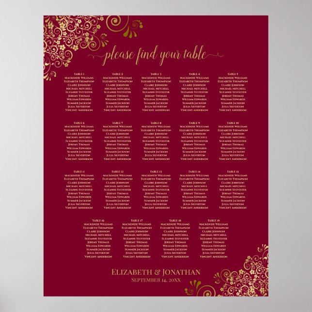 Affiche Burgundy & Gold 19 Wedding Table Seating Chart (Devant)