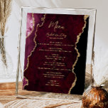 Affiche Burgundy Gold Agate Mariage Table Menu<br><div class="desc">Le bord gauche de cet élégant panneau de menu mariage moderne comporte une bordure d'aquarelle bordeaux ornée d'une parties scintillant en faux or. Le mot "Menu" apparaît dans un script d'écriture manuscrite de couleur or. Personnalisez le texte restant avec les noms du couple, la date du mariage et les détails...</div>