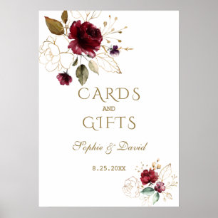 Affiche Burgundy Gold Floral Cartes & Cadeaux Mariage