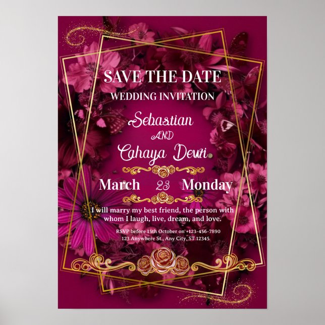 Affiche Burgundy Gold Floral Wedding (Devant)