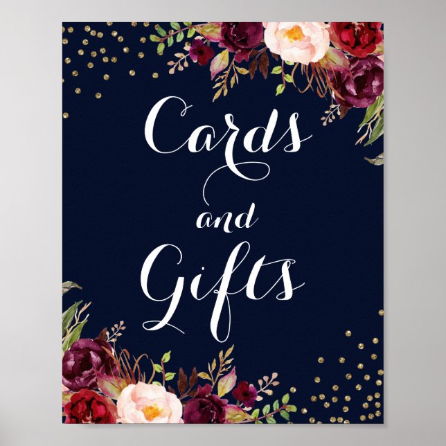 Affiche Burgundy Gold Navy Floral Cartes Et Cadeaux Mariag (Devant)