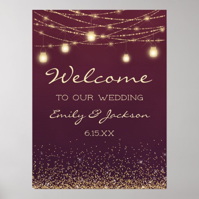 Affiche Burgundy Gold String Lights Mariage Bienvenue (Devant)