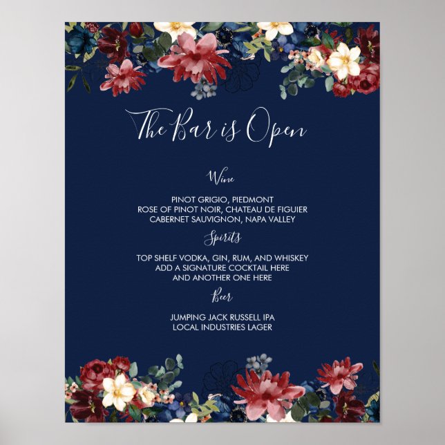 Affiche Burgundy Marine Mariage Bar Menu Signal (Devant)