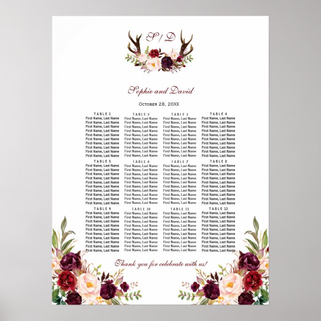 Affiche Burgundy Marsala Floral Antlers (Devant)