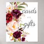 Affiche Burgundy Marsala Floral Cards & Gifts Sign White<br><div class="desc">Guide your guests to leave cards & gifts easily with this burgundy marsala floral cards and gifts sign poster.  Great for weddings and parties. Comes on a black,  white,  pink,  burgundy,  and dark burgundy (dark red) background.</div>