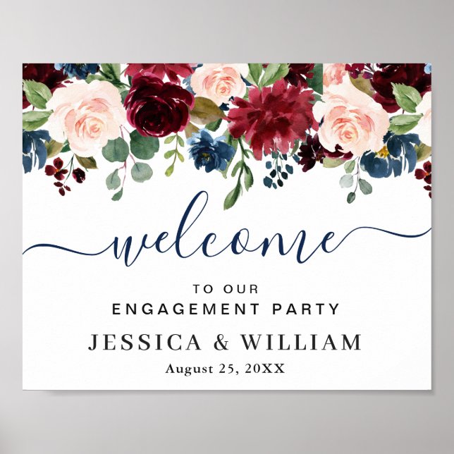 Affiche Burgundy Navy Blue Blush ENGAGEMENT PARTI Bienvenu (Devant)