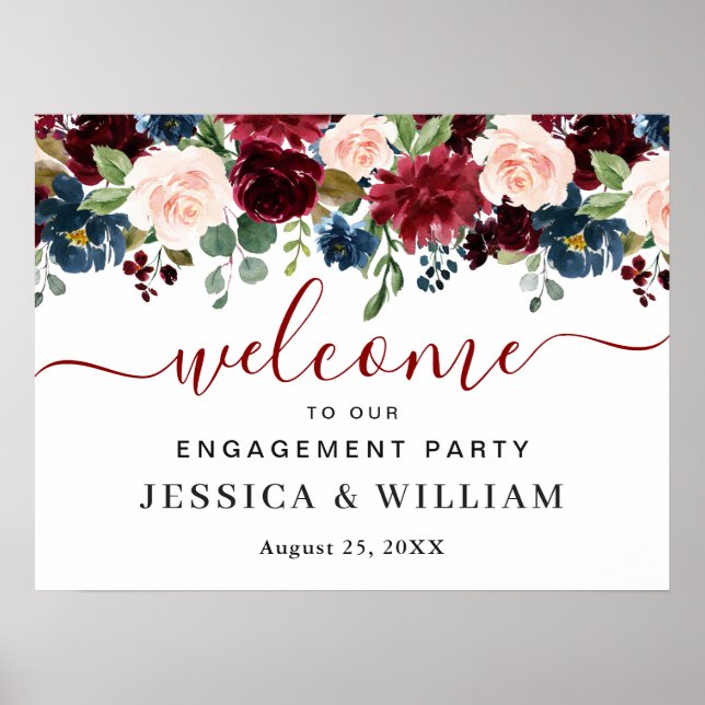 Affiche Burgundy Navy Blue Blush ENGAGEMENT PARTY Welcome  (Devant)