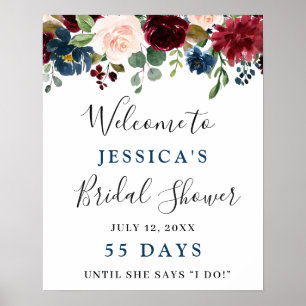 Affiche Burgundy Navy Blue Blush Floral Fête des mariées