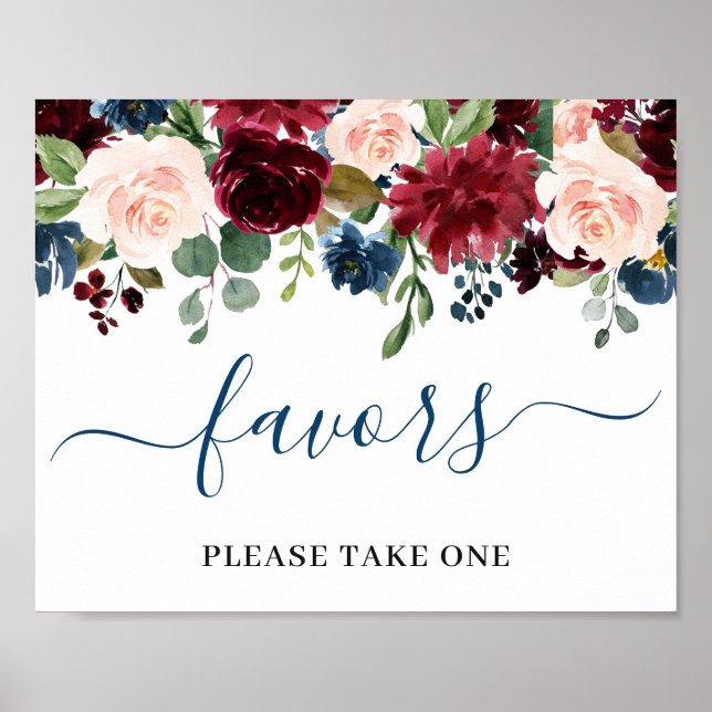 Affiche Burgundy Navy Blue Blush Flowers Favors Wedding (Devant)