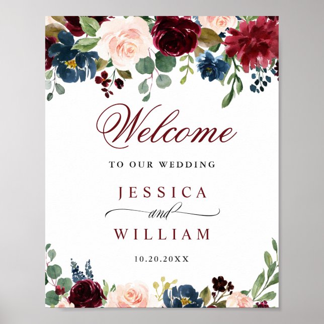 Affiche Burgundy Navy Blush Fleurs Mariage Bienvenue (Devant)