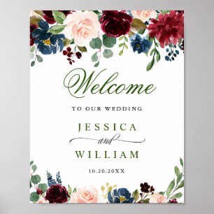 Affiche Burgundy Navy Blush Fleurs Mariage Bienvenue
